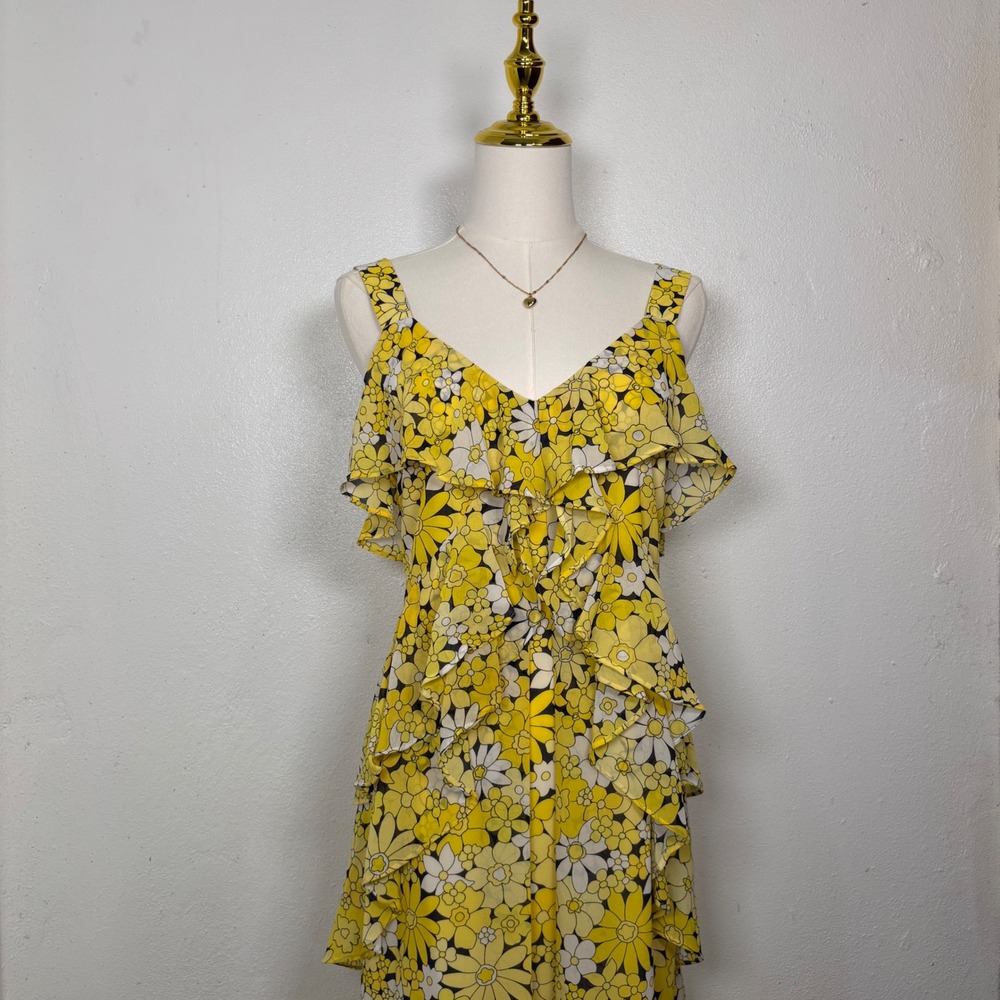 michael kors yellow white black floral ruffle layered mini dress coquette chic